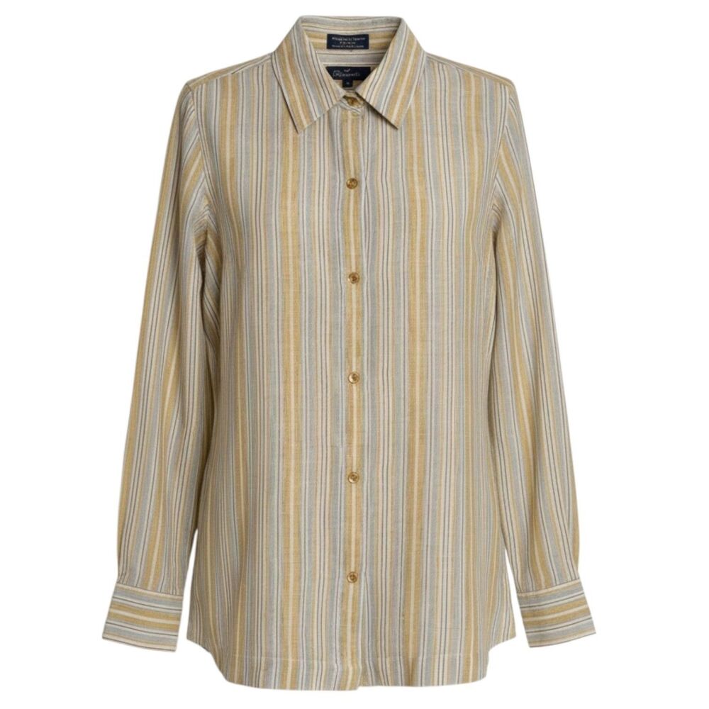 Faconnable Linen Button Front Shirt Stripe Womens Beige Tan Gray S